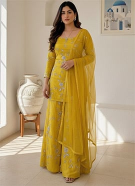 Yellow Embroidered Rangoli Silk Palazzo Suit