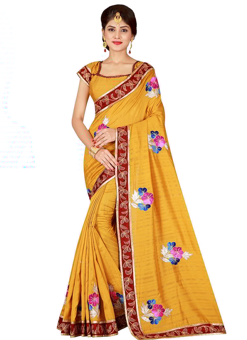 Yellow Embroidered Saree After Six Wear