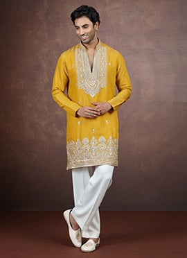 Yellow Embroidered Sequined Silk Kurta Pyjama
