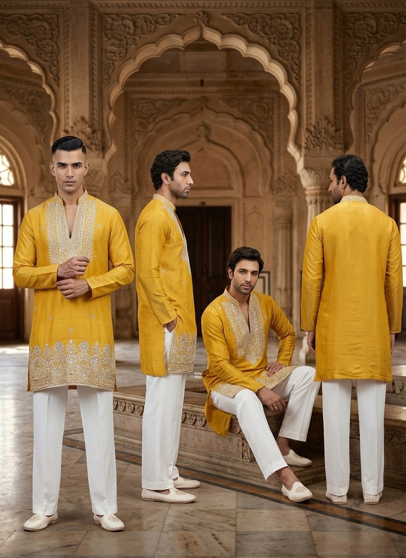 Yellow Embroidered Sequined Silk Kurta Pyjama Festive Wear