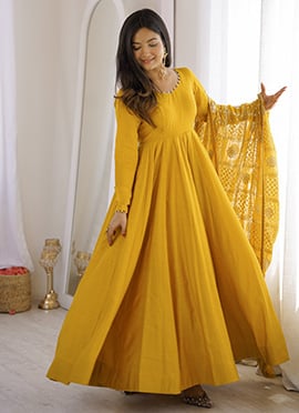 Yellow Embroidered Sequins Silk Anarkali Suit