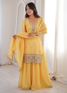 Yellow Embroidered Sequins Silk Palazzo Suit