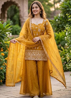 Yellow Fandy Silk Embroidered Palazzo Suit