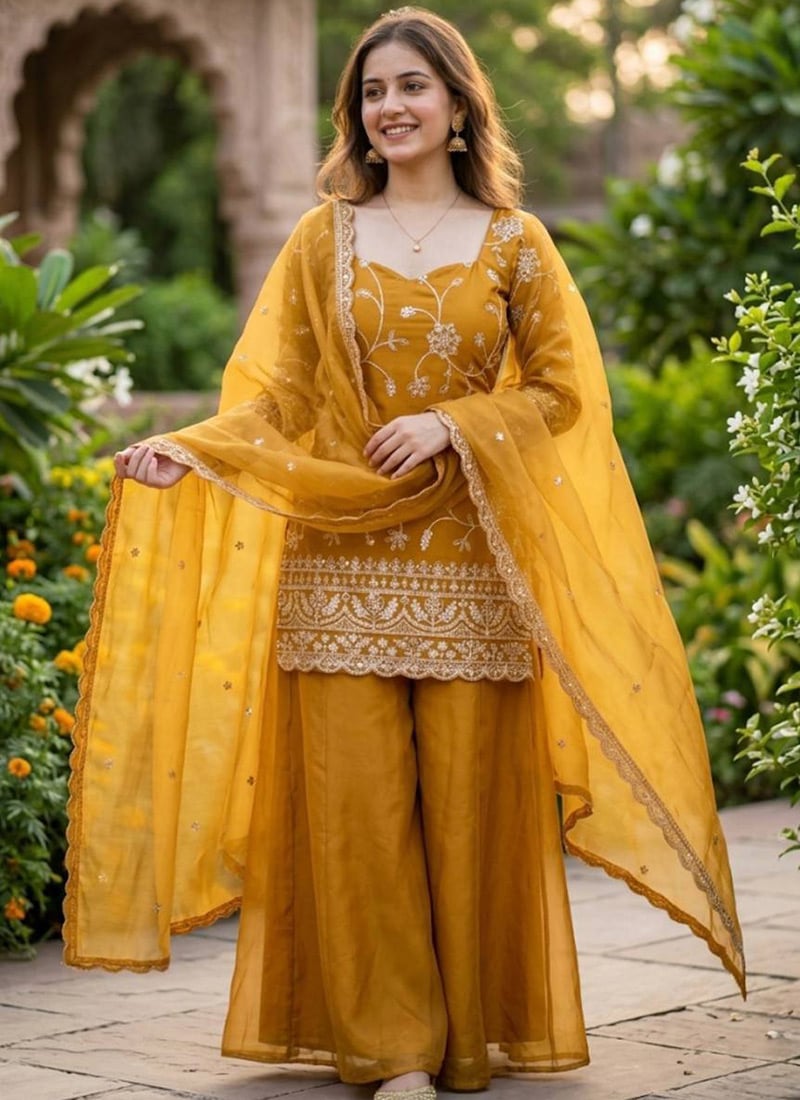 Yellow Fandy Silk Embroidered Palazzo Suit After Six Wear