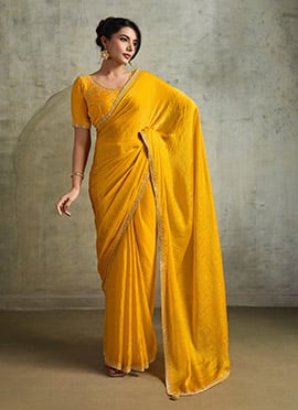 Yellow Faux Chiffon Stones Saree Festive Wear