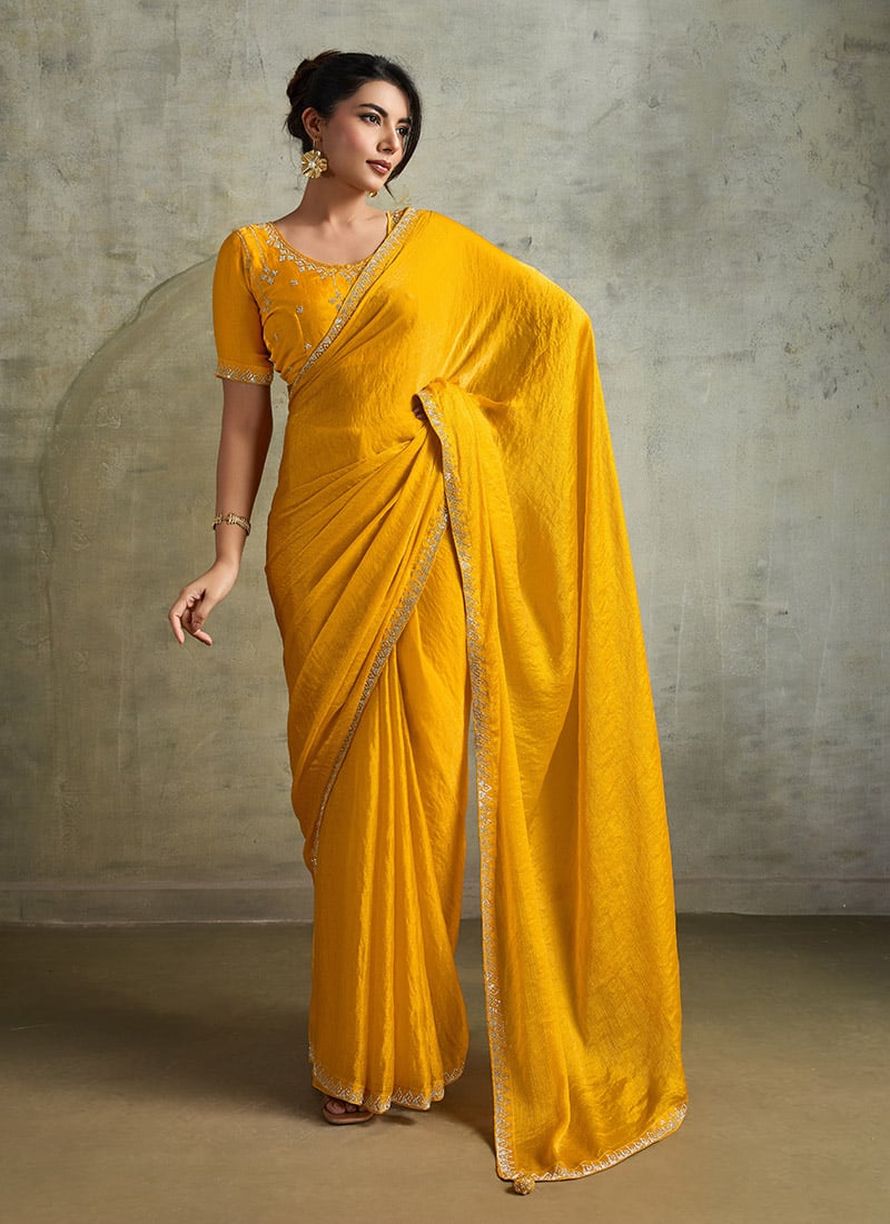 Yellow Faux Chiffon Stones Saree  Festive Wear