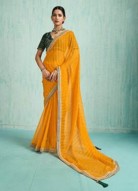 Yellow Faux Chiffon Zari Embroidered Sequins Saree