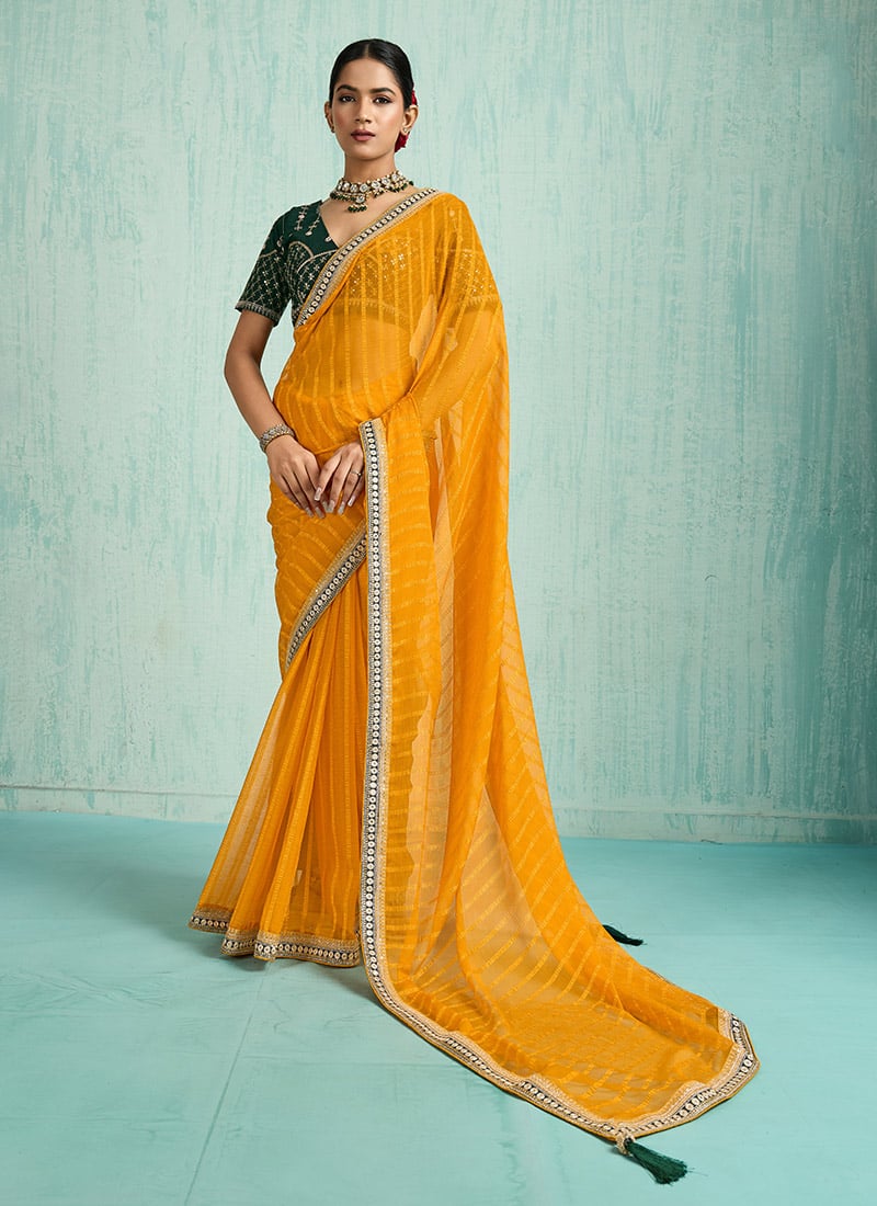 Yellow Faux Chiffon Zari Embroidered Sequins Saree Festive Wear