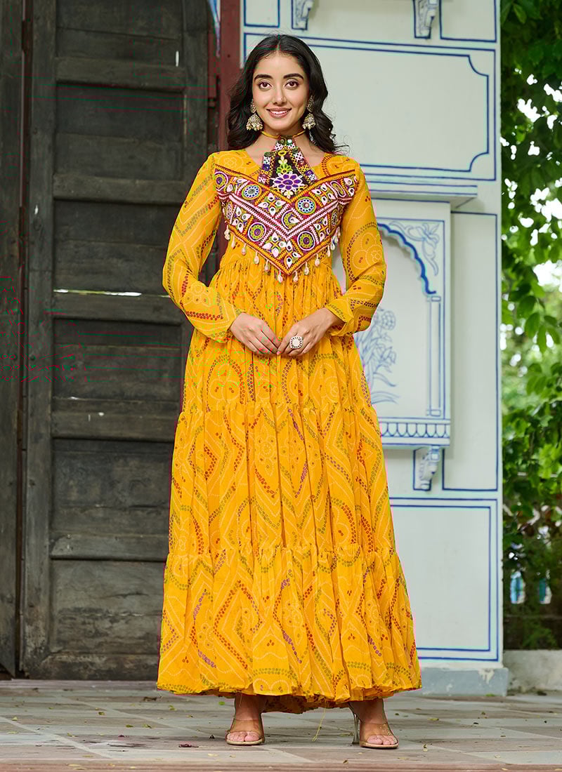 Yellow Faux Georgette Anarkali Gown With Bandhani Print and Kutch Work