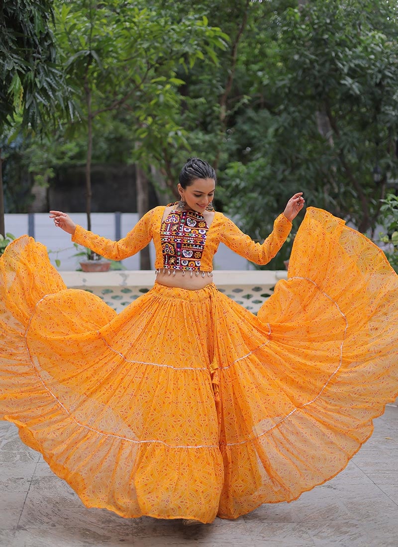 Yellow Faux Georgette Bandhini Print Kutch Work Indowestern Skirt Set