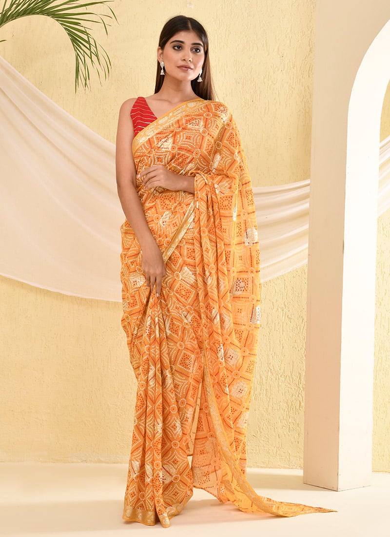 Yellow Faux Georgette Bandhini Print Saree
