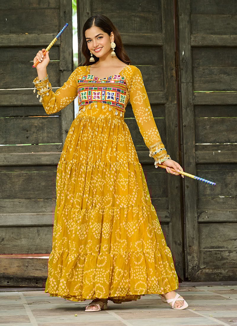 Yellow Faux Georgette Bandhini Print With Patch And Kutch Work Gown After Six Wear