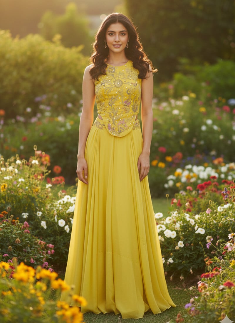 Yellow Faux Georgette Beads And Hand Embroidered Lehenga Choli Wedding Wear