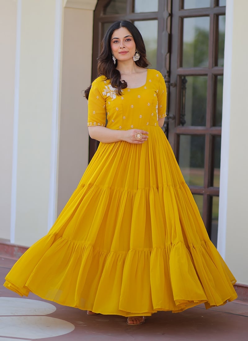 Yellow Faux Georgette Beads And Sequins Work  Anarkali Gown