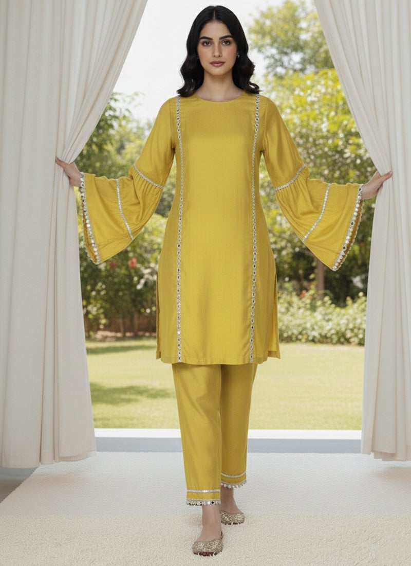 Yellow Faux Georgette Beads Stones Hand Embroidered Straight Pant Suit Wedding Wear