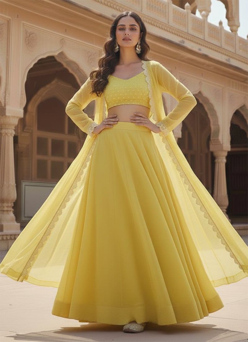 Yellow Faux Georgette Beads Work Indowestern Skirt Set With Jacket After Six Wear