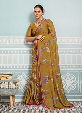 Yellow Faux Georgette Digital Print Saree