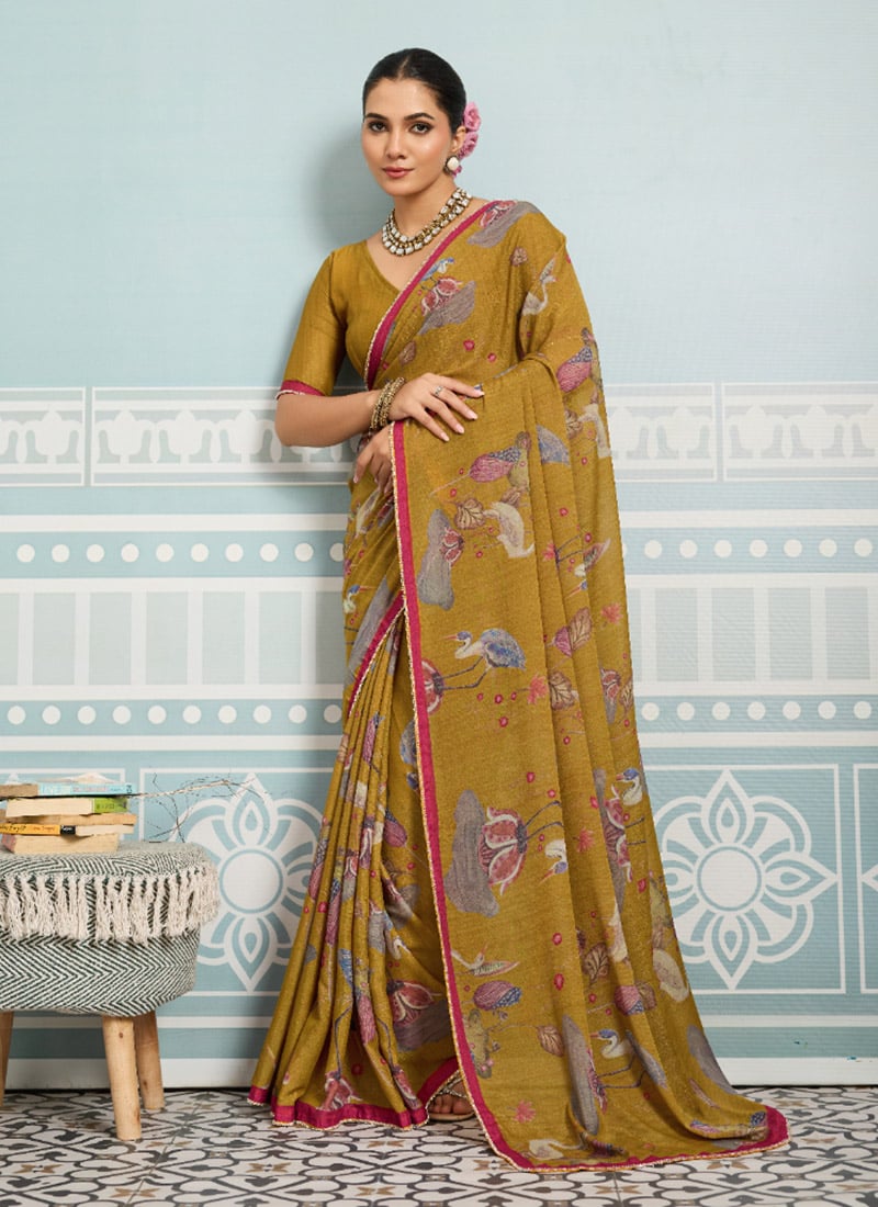 Yellow Faux Georgette Digital Print Saree After Six Wear