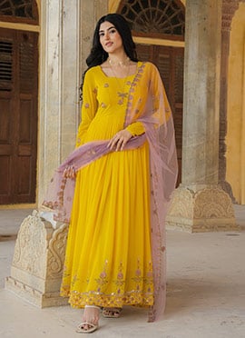 Yellow Faux Georgette Embroidered Anarkali Suit