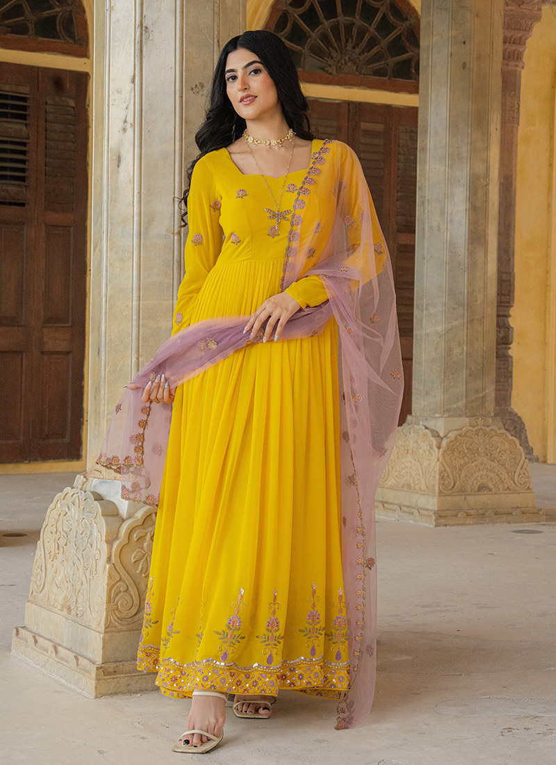 Yellow Faux Georgette Embroidered Anarkali Suit After Six Wear