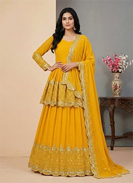 Yellow Faux Georgette Embroidered Sequins A Line Lehenga