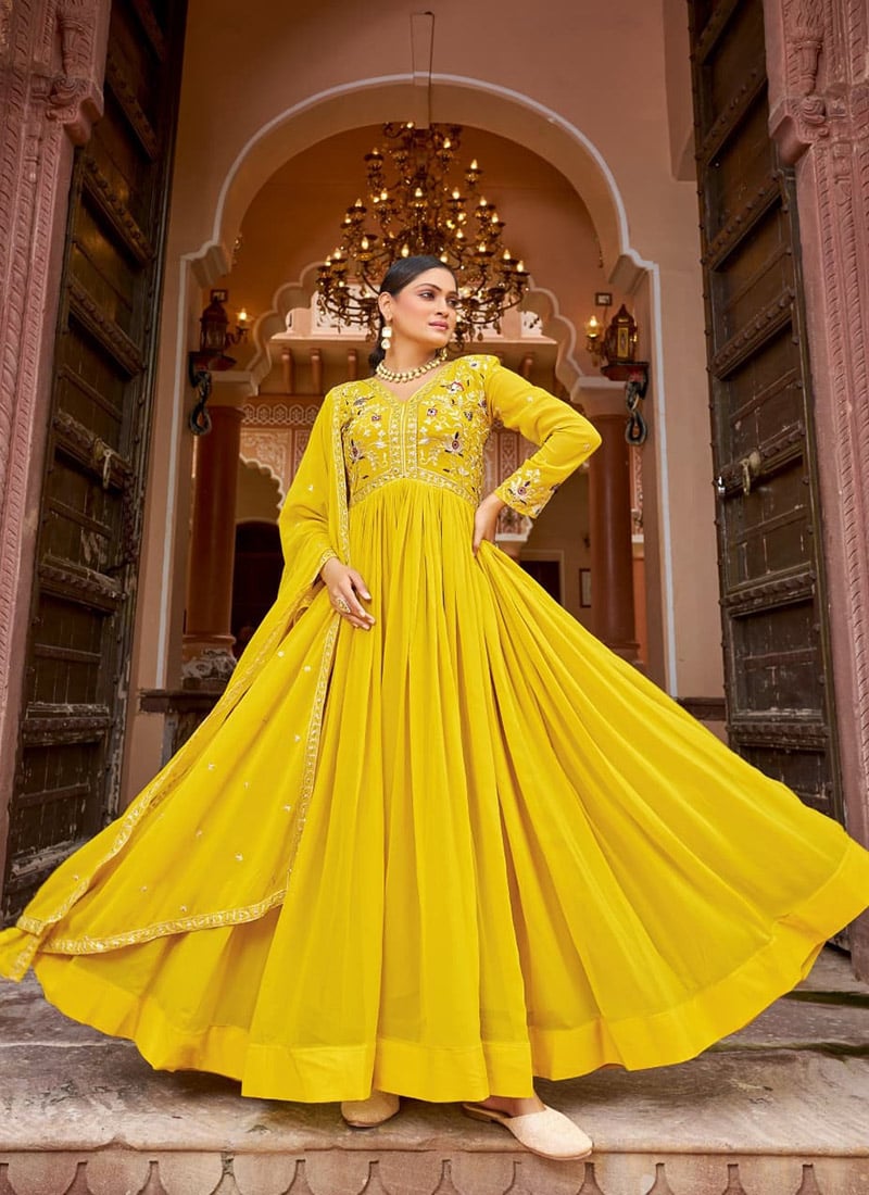 Yellow Faux Georgette Embroidered Sequins Anarkali Suit Festive Wear