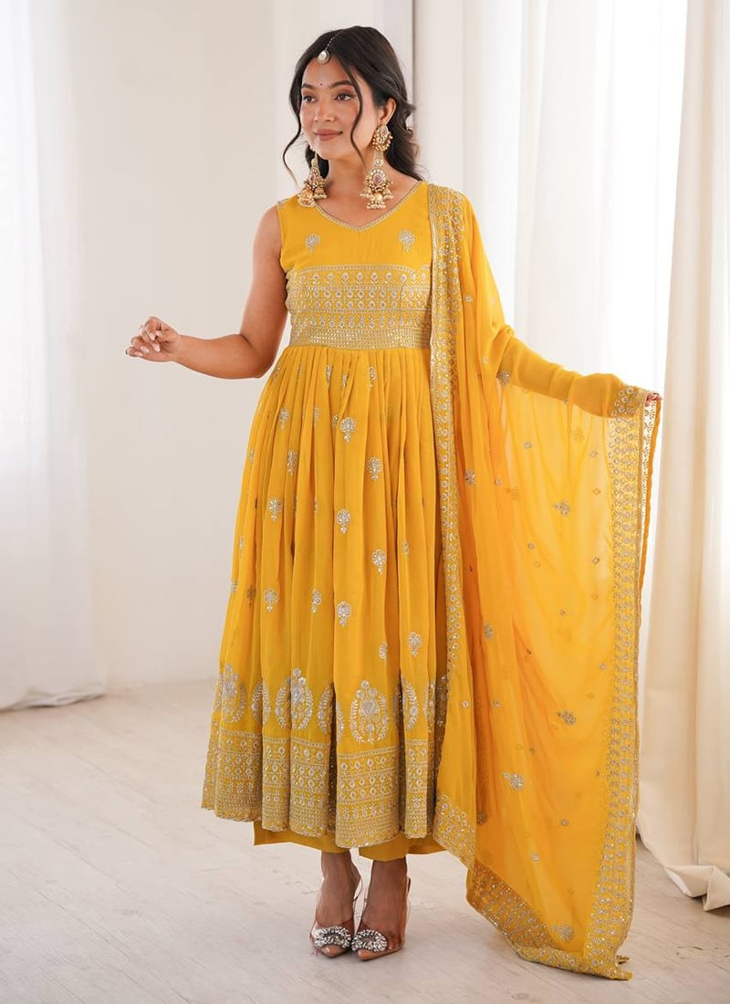Yellow Georgette Embroidered Sequins Anarkali Suit After Six Wear