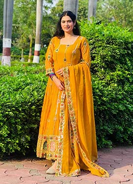 Yellow Faux Georgette Embroidered Sequins Anarkali Suit