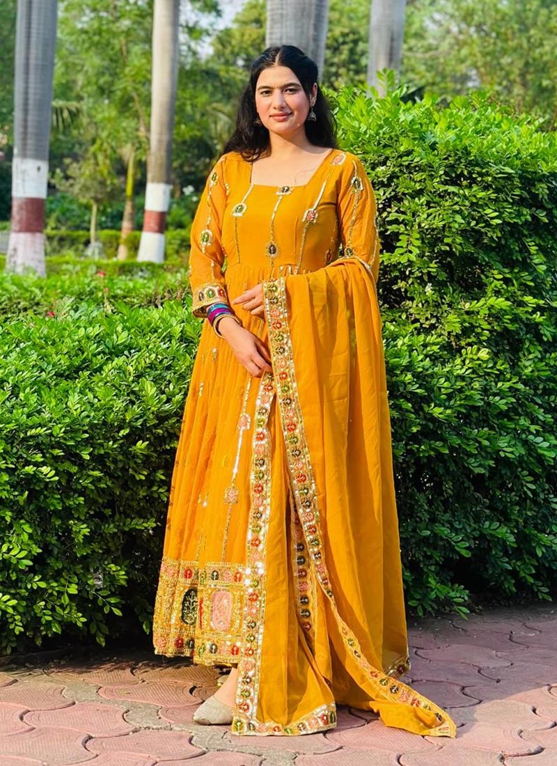 Yellow Faux Georgette Embroidered Sequins Anarkali Suit Festive Wear