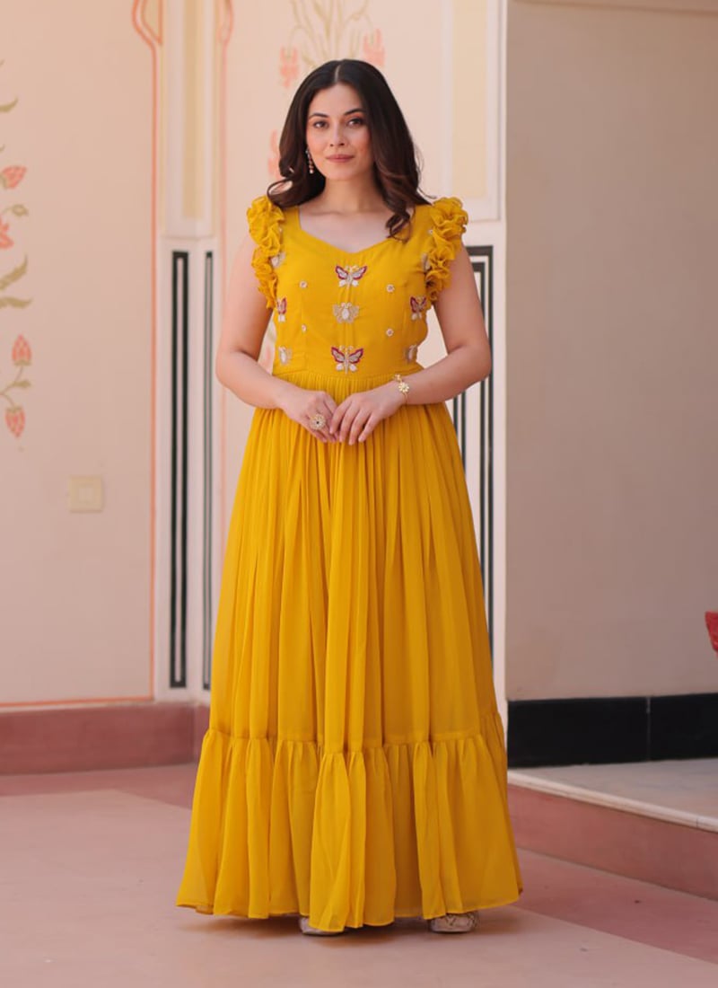 Yellow Faux Georgette Embroidered Sequins Beads Work Anarkali Gown