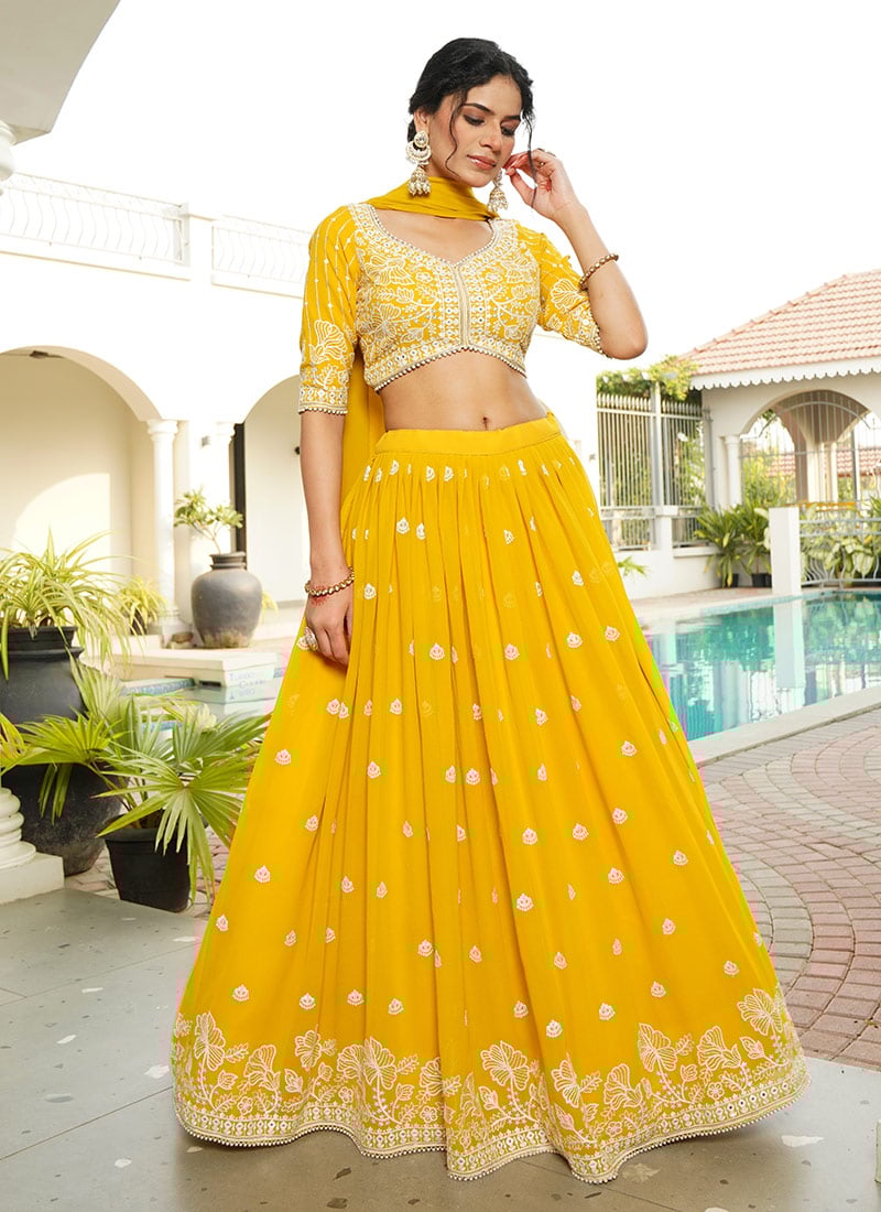 Yellow Faux Georgette Embroidered Sequins Breathtaking Lehenga
