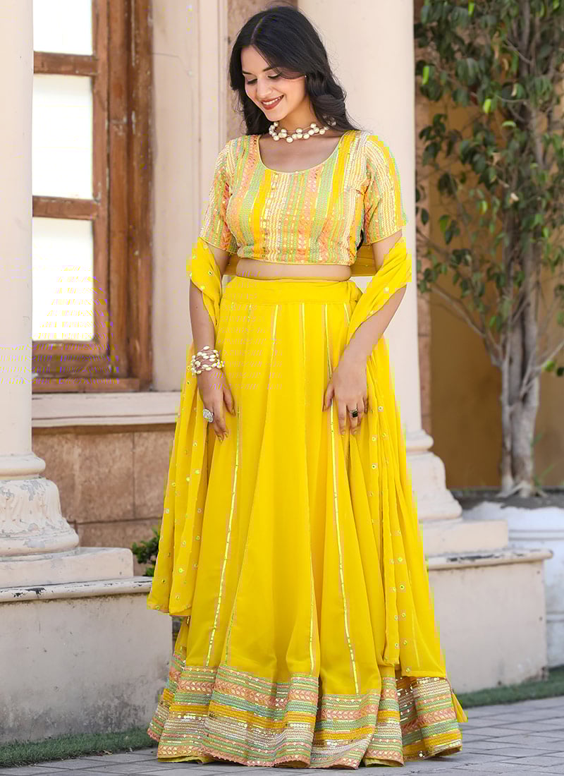 Yellow Faux Georgette Embroidered Sequins Classy Lehenga Wedding Wear