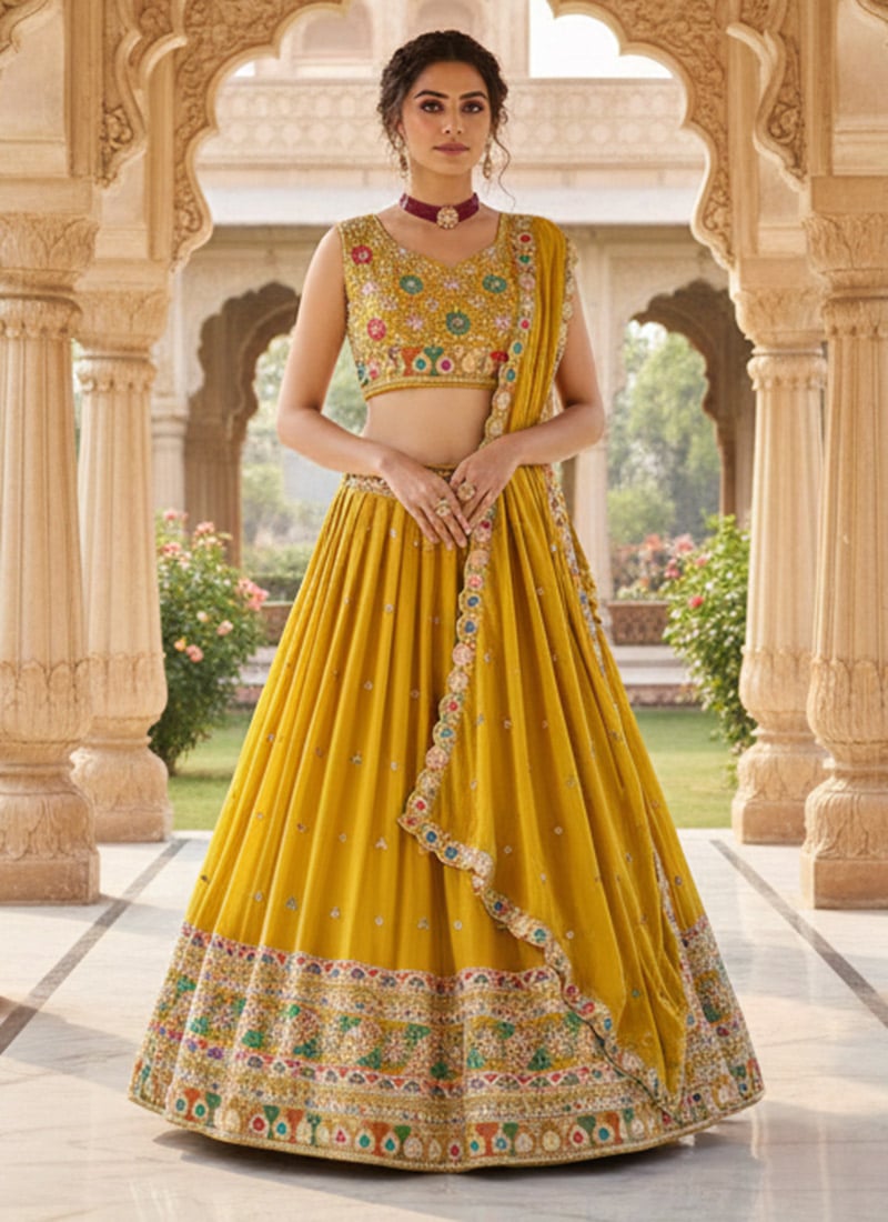 Yellow Faux Georgette Embroidered Sequins Lehenga  Wedding Wear