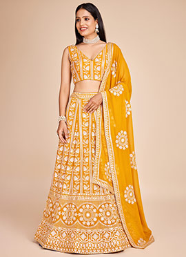 Yellow Faux Georgette Embroidered Sequins Lehenga With Choli And Dupatta