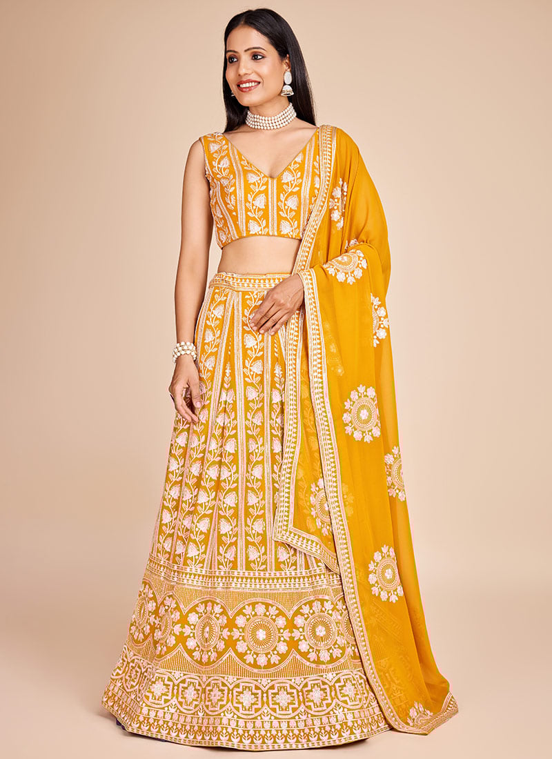 Yellow Faux Georgette Embroidered Sequins Lehenga With Choli And Dupatta Party Wear