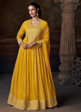 Yellow Faux Georgette Embroidered Sequins Stones Beads Anarkali Suit