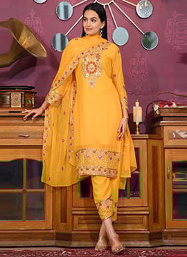 Yellow Faux Georgette Embroidered Sequins Straight Pant Suit
