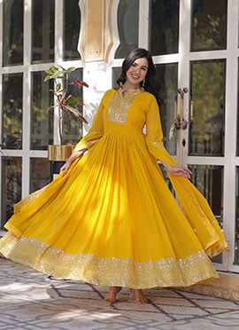 Yellow Faux Georgette Embroidered Sequins Stunning Anarkali Suit