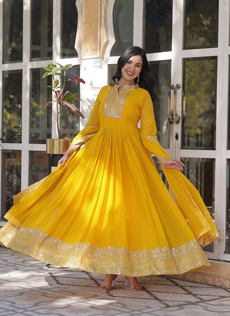 Yellow Faux Georgette Embroidered Sequins Stunning Anarkali Suit