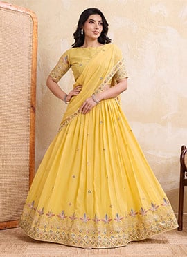Yellow Faux Georgette Embroidered Sequins Thread Umbrella Lehenga