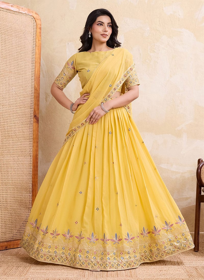 Yellow Faux Georgette Embroidered Sequins Thread Umbrella Lehenga Wedding Wear