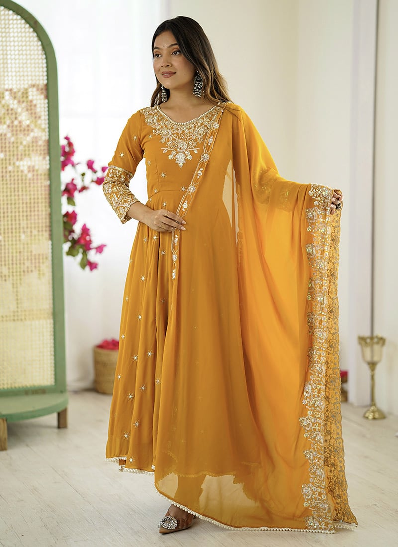 Yellow Faux Georgette Embroidered Sequins With Moti Work Anarkali Suit Festive Wear