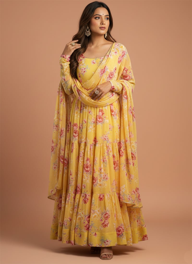 Yellow Faux Georgette Floral Digital Printed Anarkali Suit After Six Wear