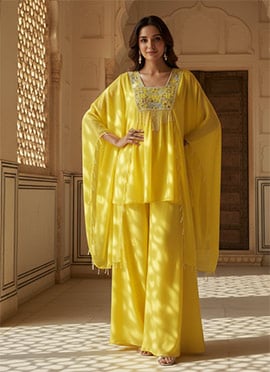 Yellow Faux Georgette Hand Embroidered Indowestern Kaftan Set