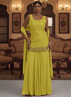 Yellow Faux Georgette Hand Embroidered Sequins And Zari Palazzo Suit