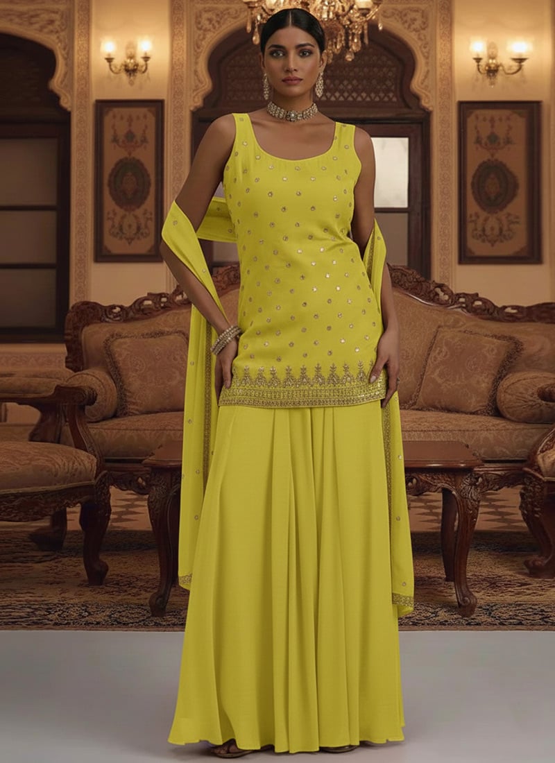 Yellow Faux Georgette Hand Embroidered Sequins And Zari Palazzo Suit Festive Wear