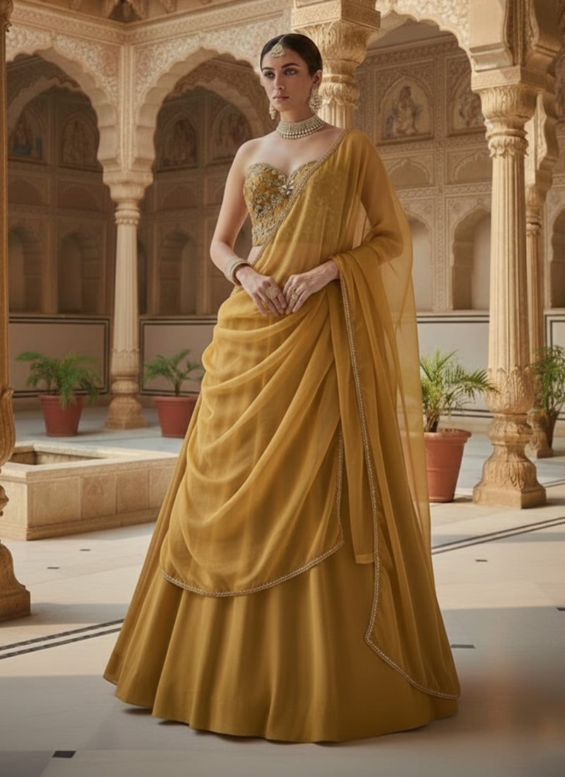 Yellow Faux Georgette Hand Embroidered Sequins Stones Lehenga Wedding Wear