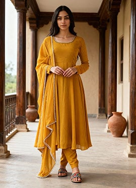 Yellow Faux Georgette Hand Embroidered With Moti Work Anarkali Suit
