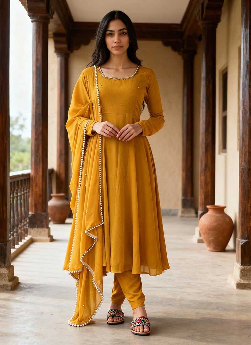 Yellow Faux Georgette Hand Embroidered With Moti Work Anarkali Suit Festive Wear