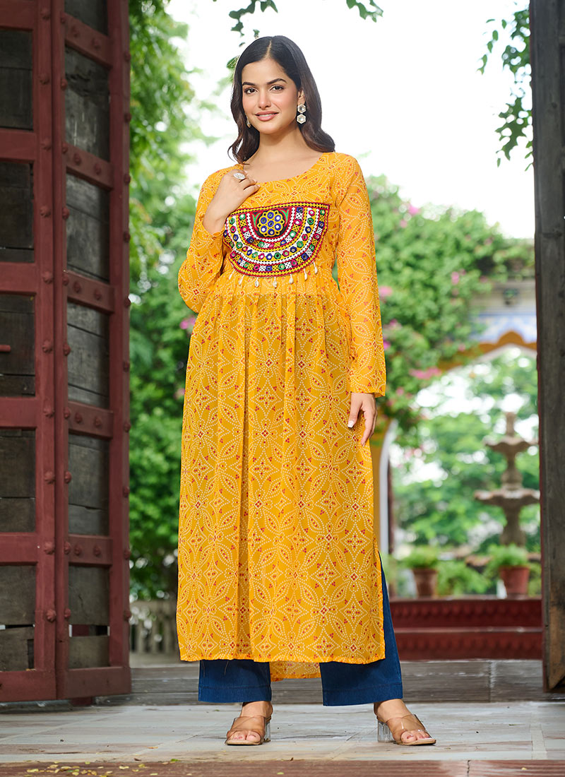 Yellow Faux Georgette Kutch And Mirror Work With Bandhini Print Tunic